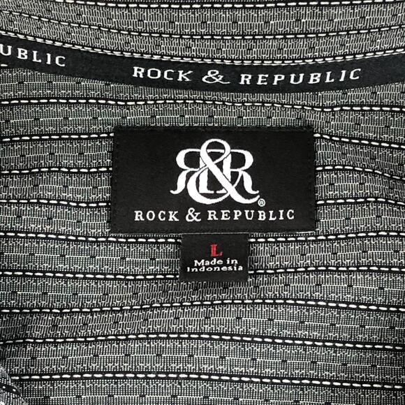 Rock & Republic Men Button Up Shirt Large Gray Striped Long Sleeve Metal Buttons - Picture 2 of 12
